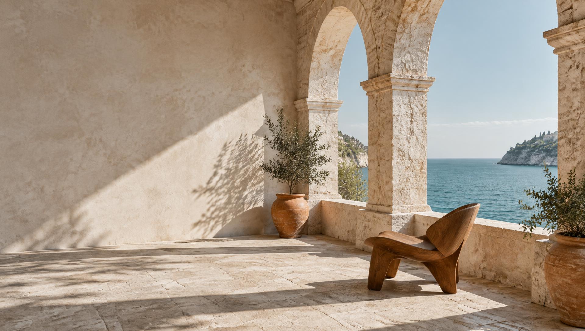 Editorial Mediterranean inspiration: sunlit stone arches overlooking the coast